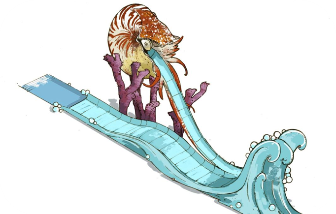 Boceto de diseño: criatura marina y tobogán acuático